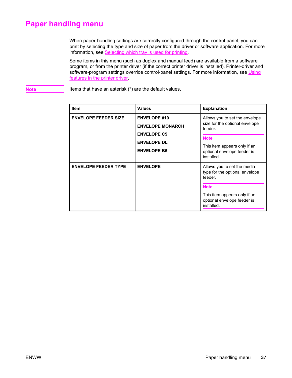 Paper handling menu | HP LaserJet 4345 Multifunction Printer series User Manual | Page 51 / 324