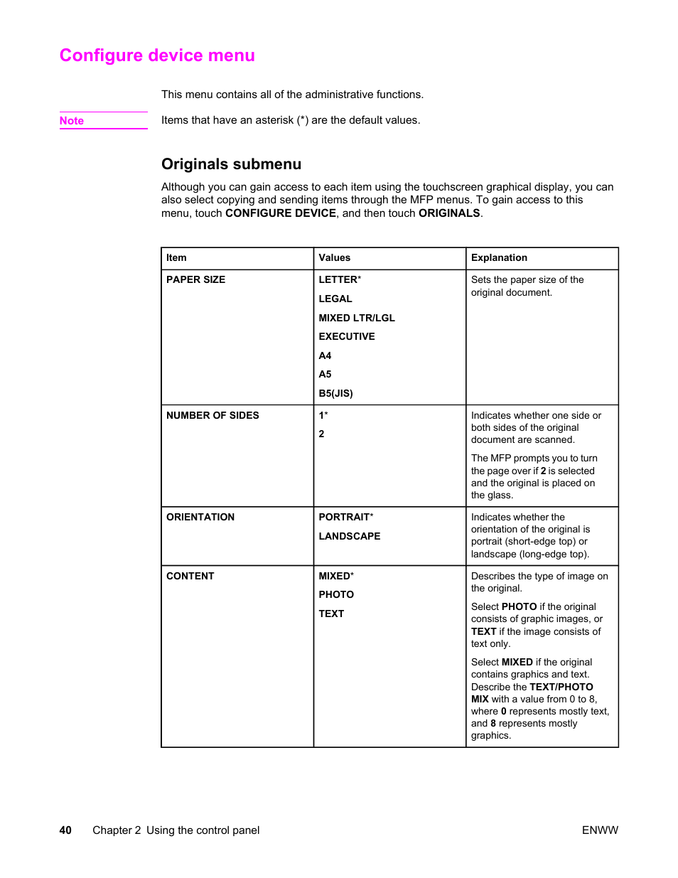 Configure device menu, Originals submenu | HP LaserJet 4345 Multifunction Printer series User Manual | Page 54 / 324