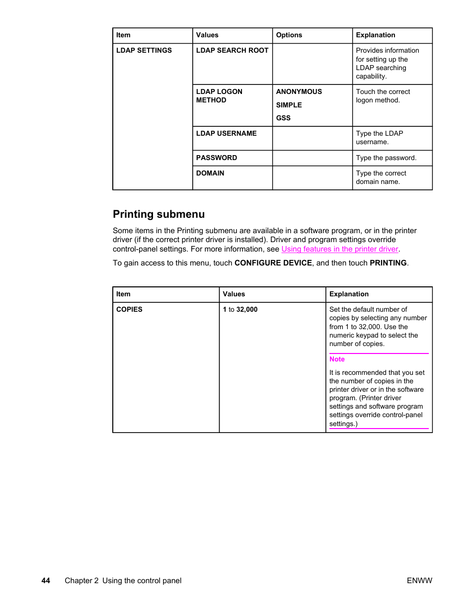 Printing submenu | HP LaserJet 4345 Multifunction Printer series User Manual | Page 58 / 324