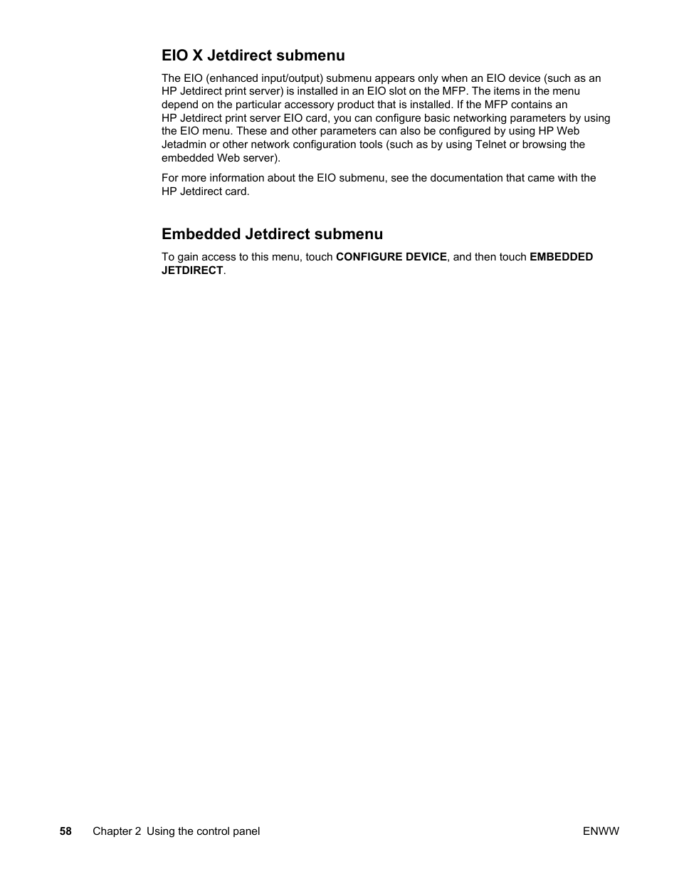 Eio x jetdirect submenu, Embedded jetdirect submenu, Eio x jetdirect submenu embedded jetdirect submenu | HP LaserJet 4345 Multifunction Printer series User Manual | Page 72 / 324