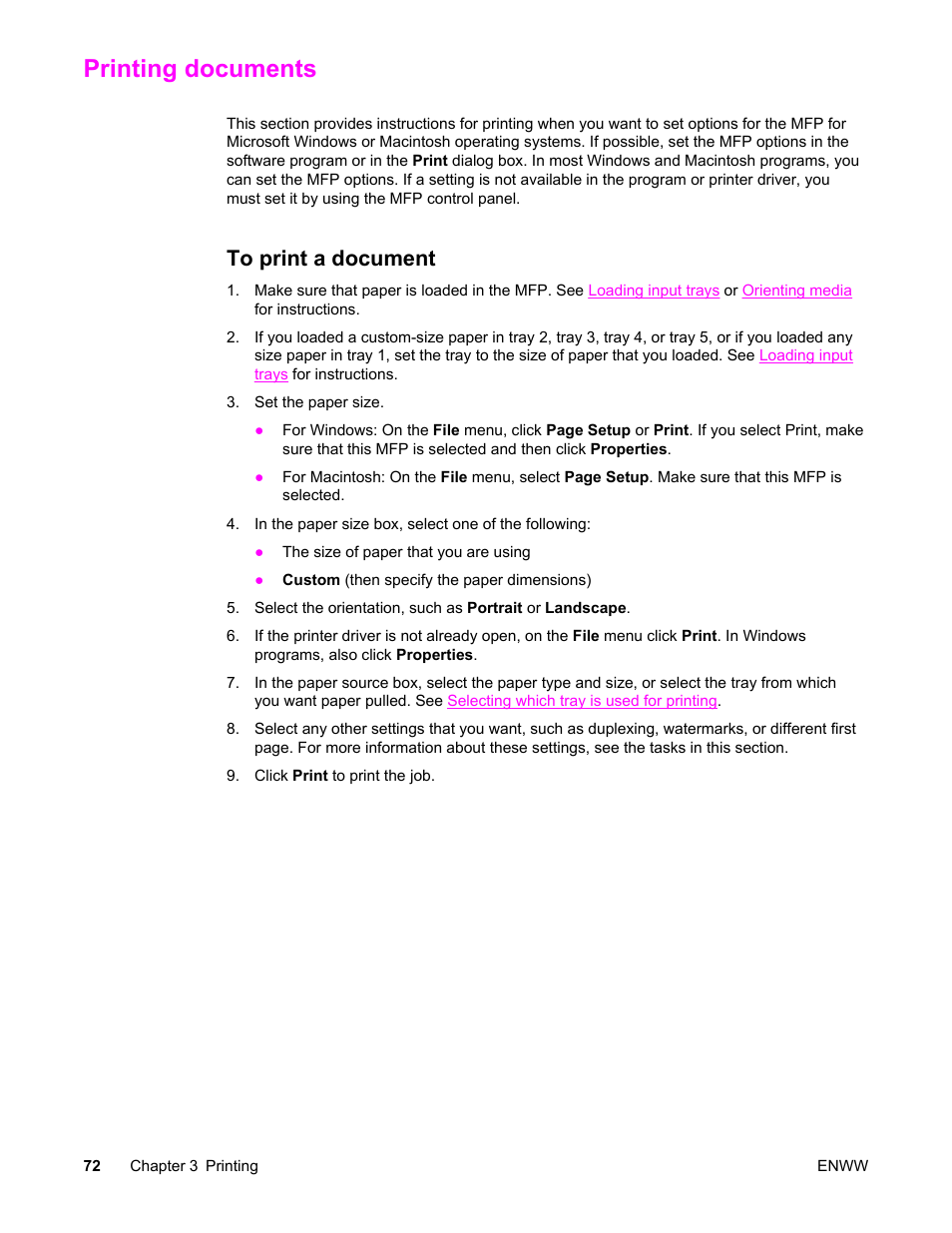 Printing documents, To print a document | HP LaserJet 4345 Multifunction Printer series User Manual | Page 86 / 324