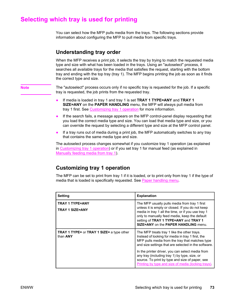 Selecting which tray is used for printing, Understanding tray order, Customizing tray 1 operation | Information, see, Pulled. see | HP LaserJet 4345 Multifunction Printer series User Manual | Page 87 / 324