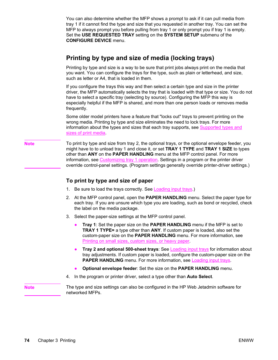 Printing by type and size of media (locking trays) | HP LaserJet 4345 Multifunction Printer series User Manual | Page 88 / 324