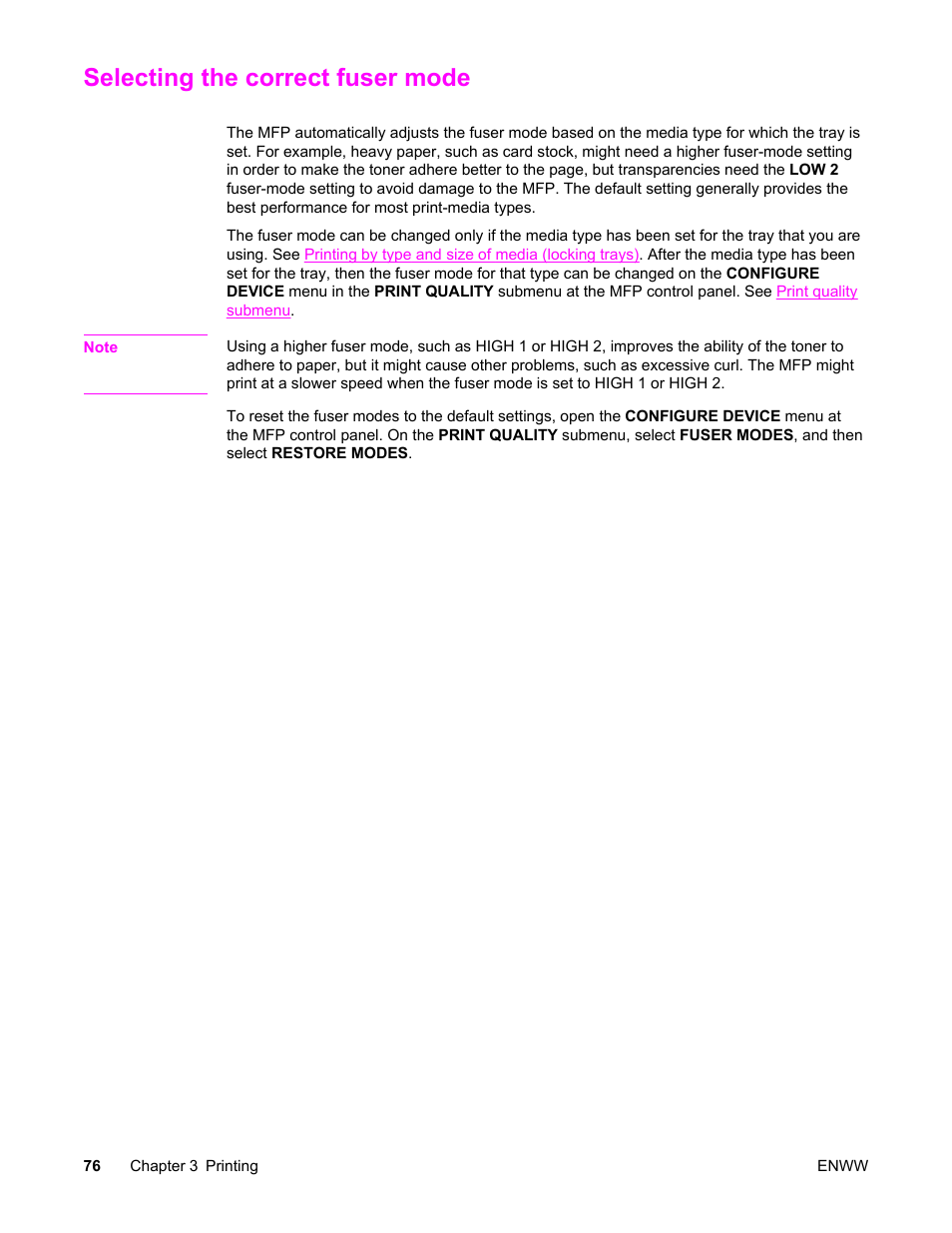 Selecting the correct fuser mode | HP LaserJet 4345 Multifunction Printer series User Manual | Page 90 / 324