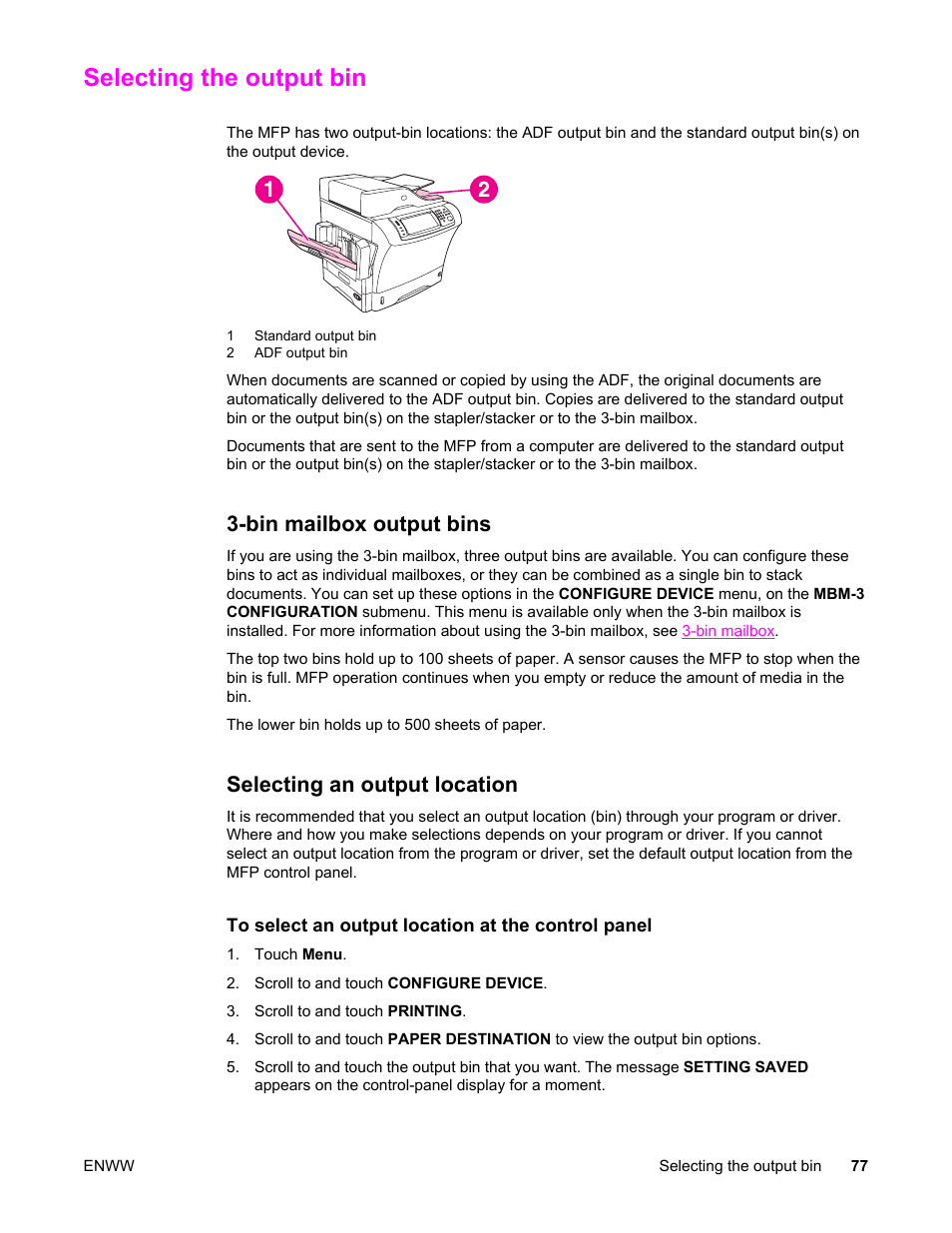 Selecting the output bin, 3‑bin mailbox output bins, Selecting an output location | Bin mailbox output bins | HP LaserJet 4345 Multifunction Printer series User Manual | Page 91 / 324