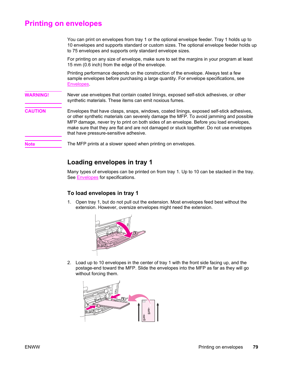 Printing on envelopes, Loading envelopes in tray 1 | HP LaserJet 4345 Multifunction Printer series User Manual | Page 93 / 324