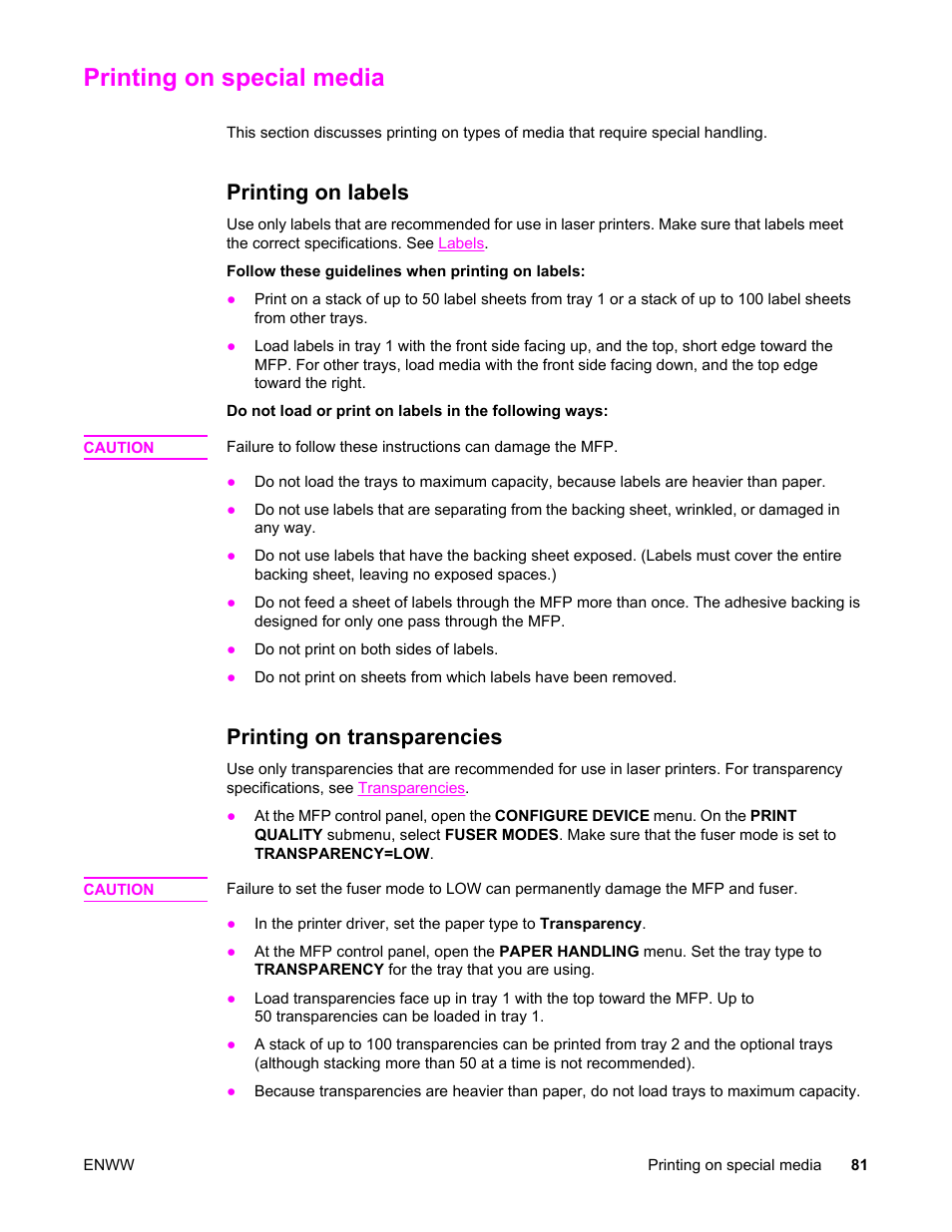 Printing on special media, Printing on labels, Printing on transparencies | Printing on labels printing on transparencies | HP LaserJet 4345 Multifunction Printer series User Manual | Page 95 / 324