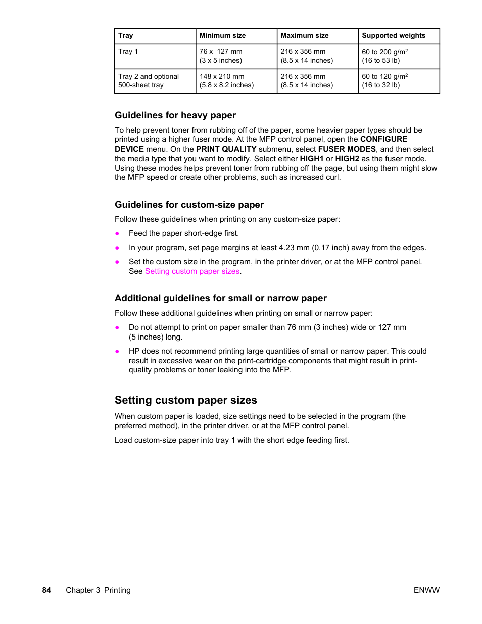 Setting custom paper sizes | HP LaserJet 4345 Multifunction Printer series User Manual | Page 98 / 324