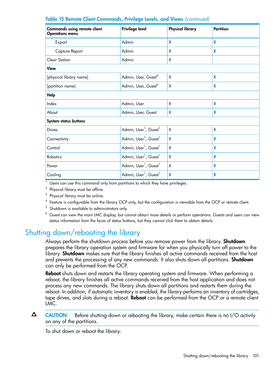 Shutting down/rebooting the library | HP StoreEver ESL G3 Tape Libraries User Manual | Page 101 / 267