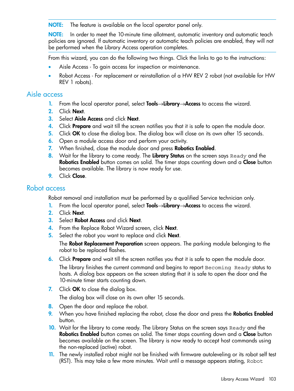 Aisle access, Robot access, Aisle access robot access | HP StoreEver ESL G3 Tape Libraries User Manual | Page 103 / 267