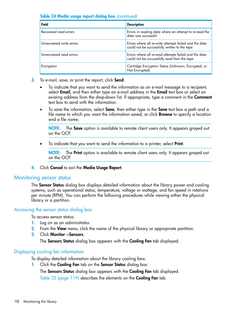 Monitoring sensor status, Accessing the sensor status dialog box, Displaying cooling fan information | HP StoreEver ESL G3 Tape Libraries User Manual | Page 118 / 267