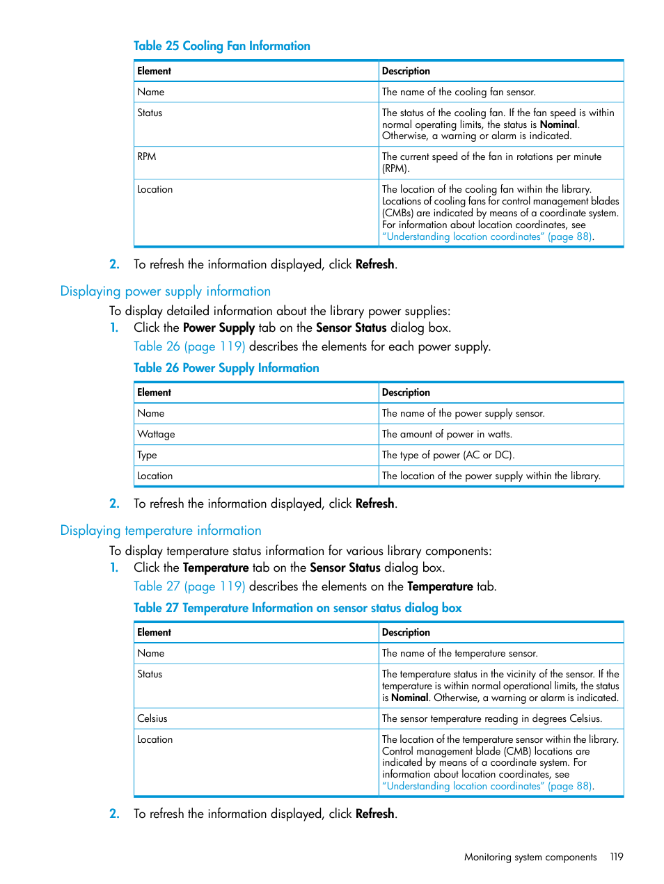 Displaying power supply information, Displaying temperature information | HP StoreEver ESL G3 Tape Libraries User Manual | Page 119 / 267