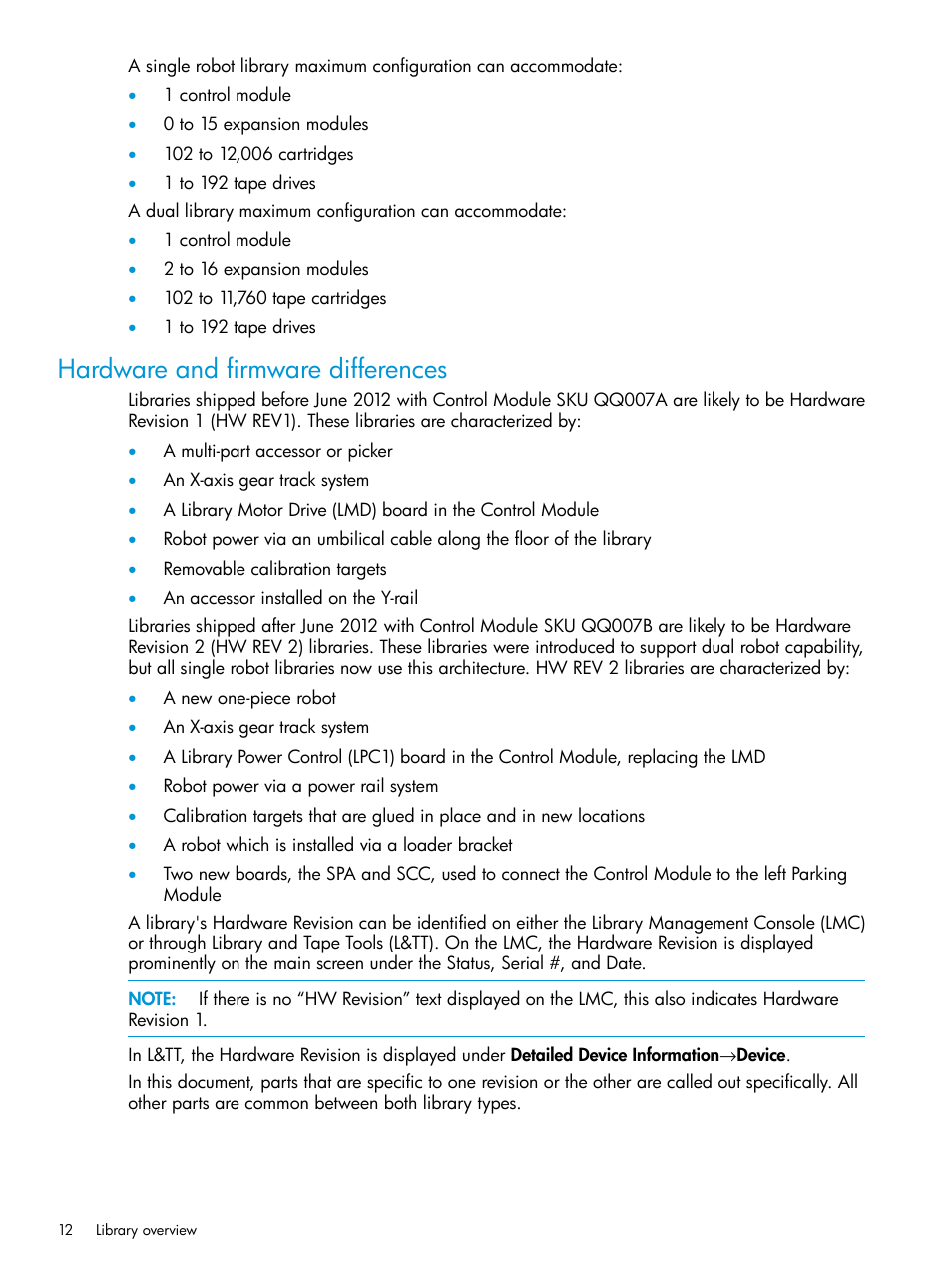 Hardware and firmware differences | HP StoreEver ESL G3 Tape Libraries User Manual | Page 12 / 267