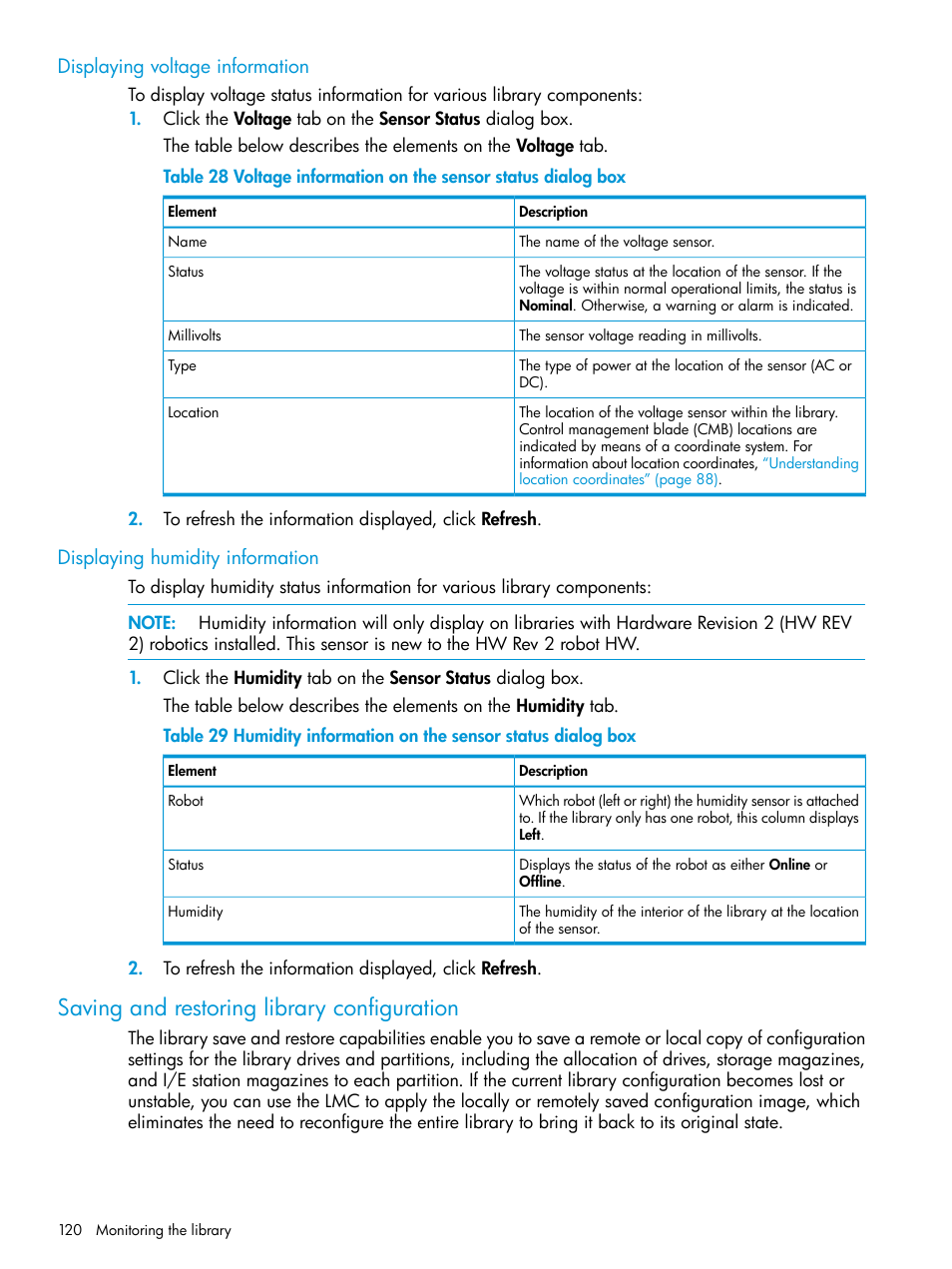 Displaying voltage information, Displaying humidity information, Saving and restoring library configuration | HP StoreEver ESL G3 Tape Libraries User Manual | Page 120 / 267
