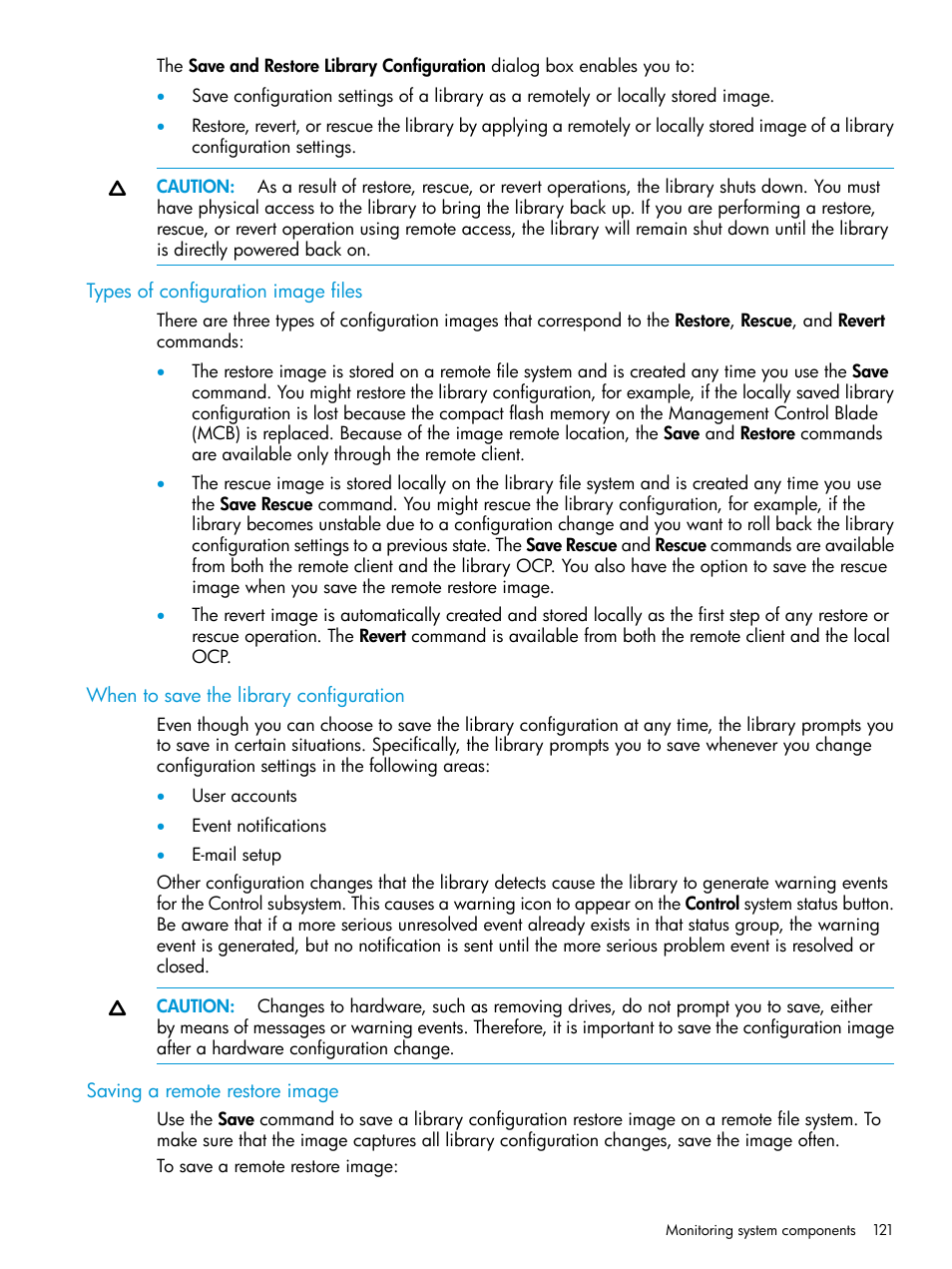 Types of configuration image files, When to save the library configuration, Saving a remote restore image | HP StoreEver ESL G3 Tape Libraries User Manual | Page 121 / 267