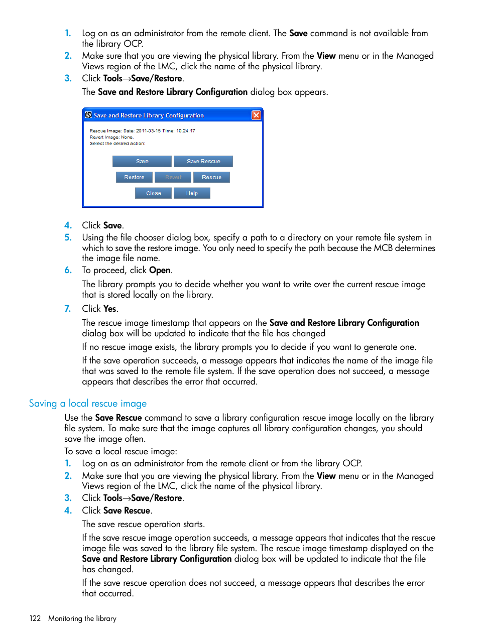 Saving a local rescue image | HP StoreEver ESL G3 Tape Libraries User Manual | Page 122 / 267