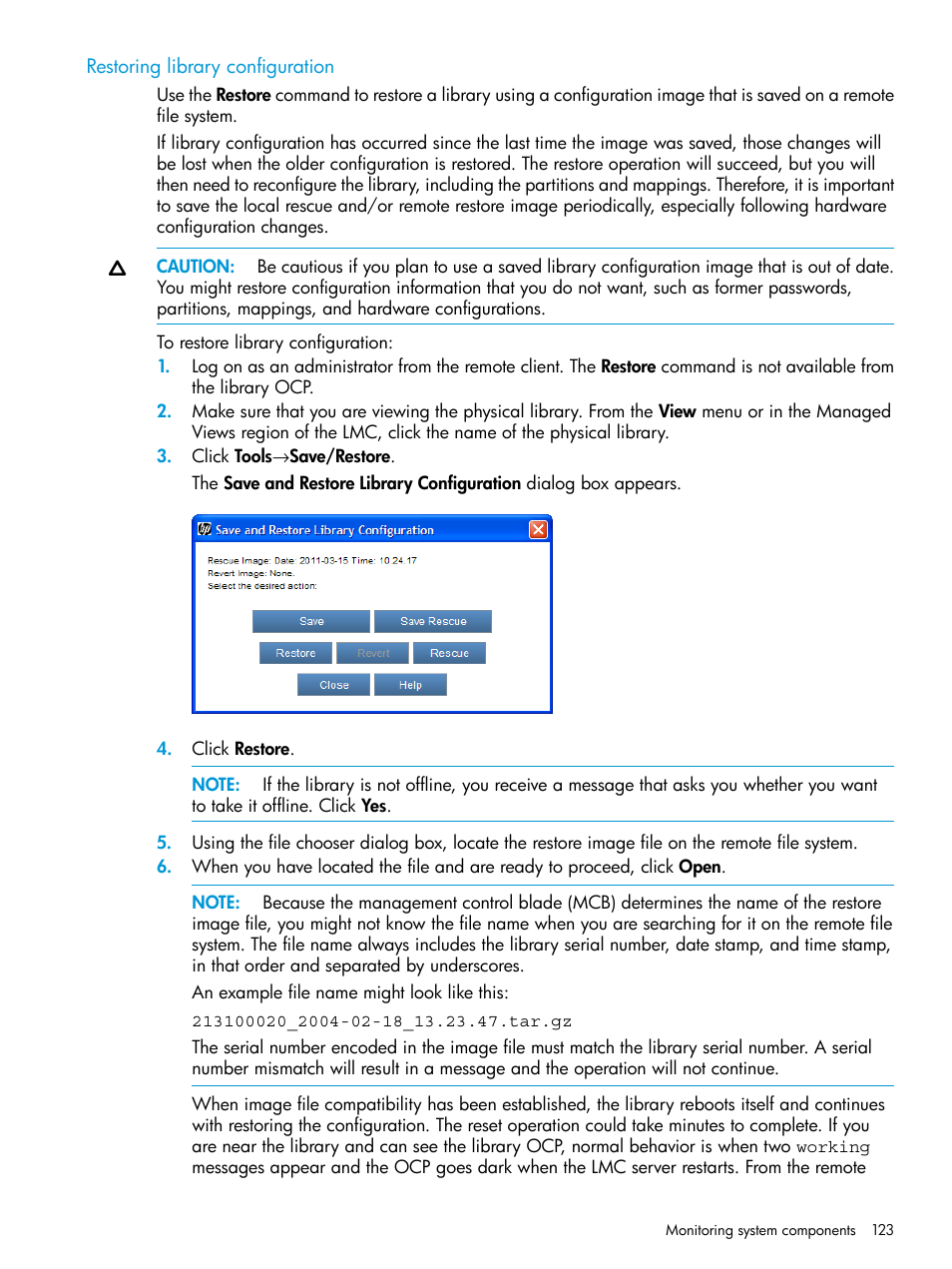 Restoring library configuration | HP StoreEver ESL G3 Tape Libraries User Manual | Page 123 / 267