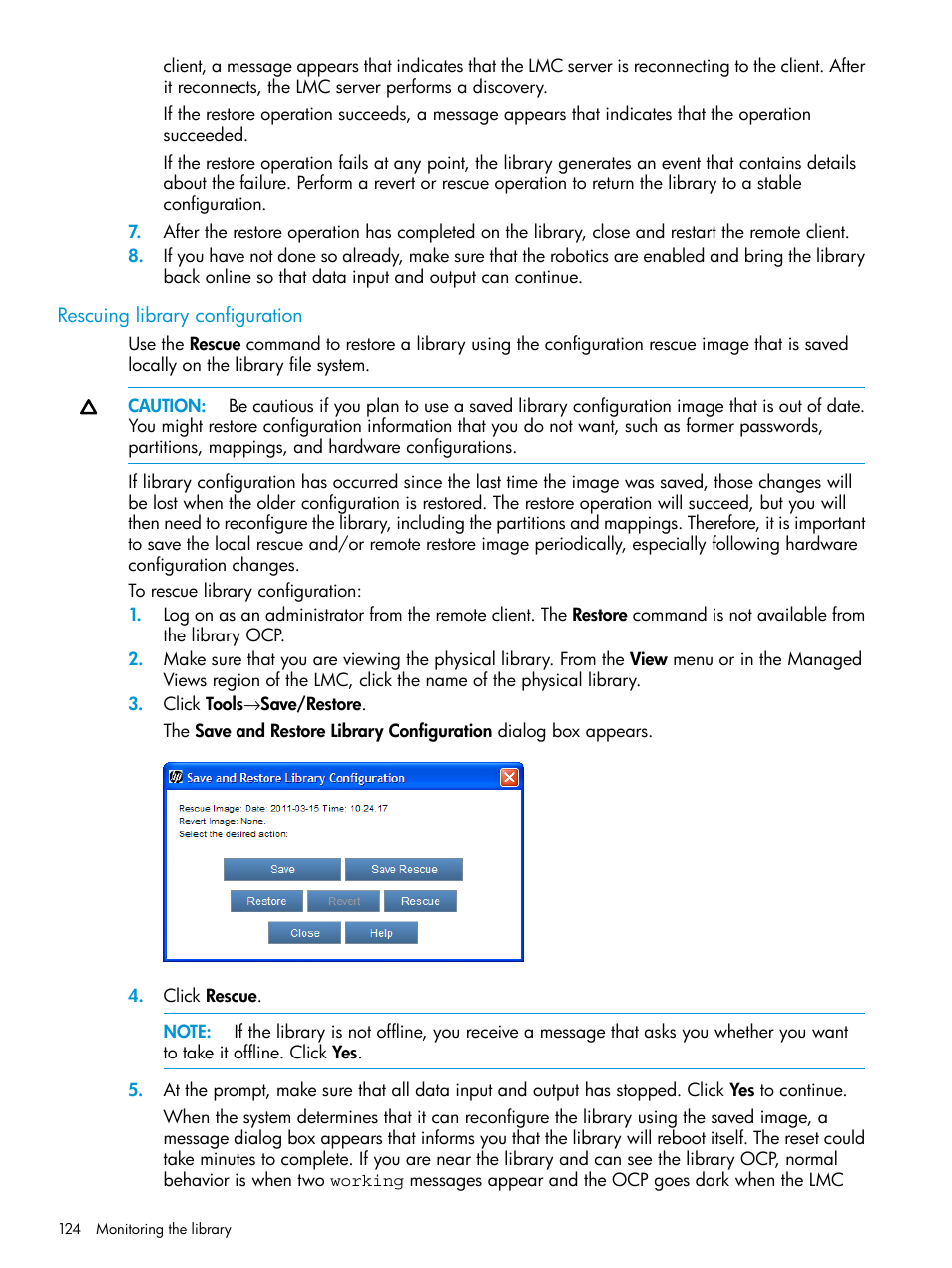 Rescuing library configuration | HP StoreEver ESL G3 Tape Libraries User Manual | Page 124 / 267