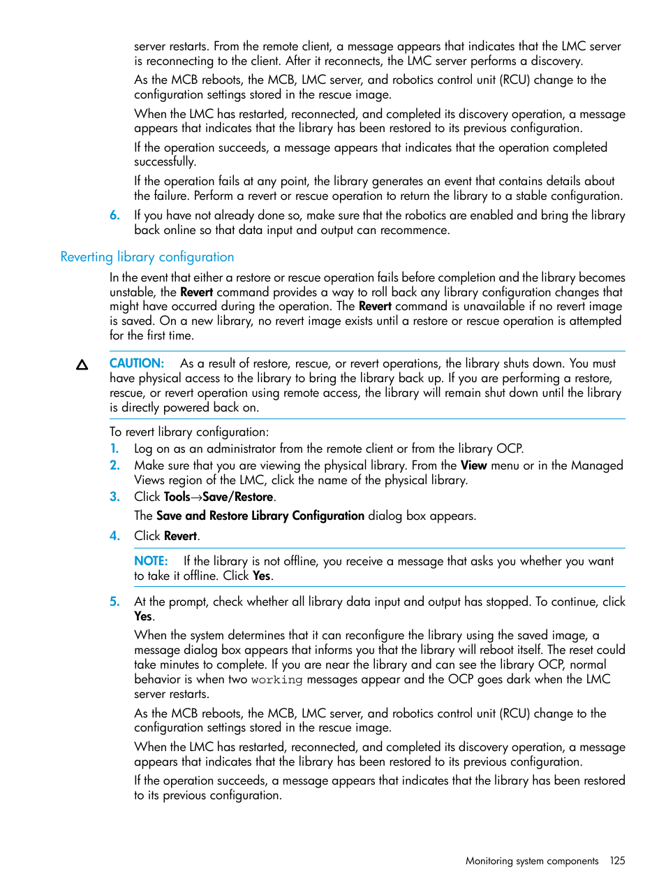 Reverting library configuration | HP StoreEver ESL G3 Tape Libraries User Manual | Page 125 / 267