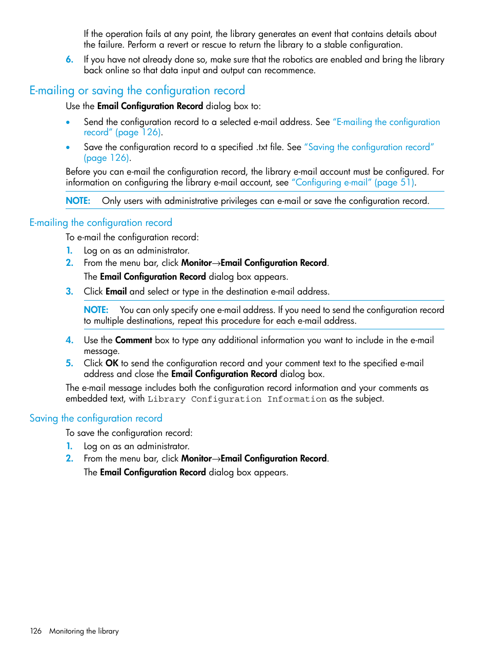 E-mailing or saving the configuration record, E-mailing the configuration record, Saving the configuration record | HP StoreEver ESL G3 Tape Libraries User Manual | Page 126 / 267
