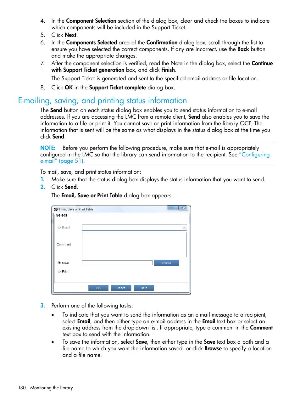 E-mailing, saving, and printing status information, E-mailing, saving, and, E-mailing, saving | HP StoreEver ESL G3 Tape Libraries User Manual | Page 130 / 267