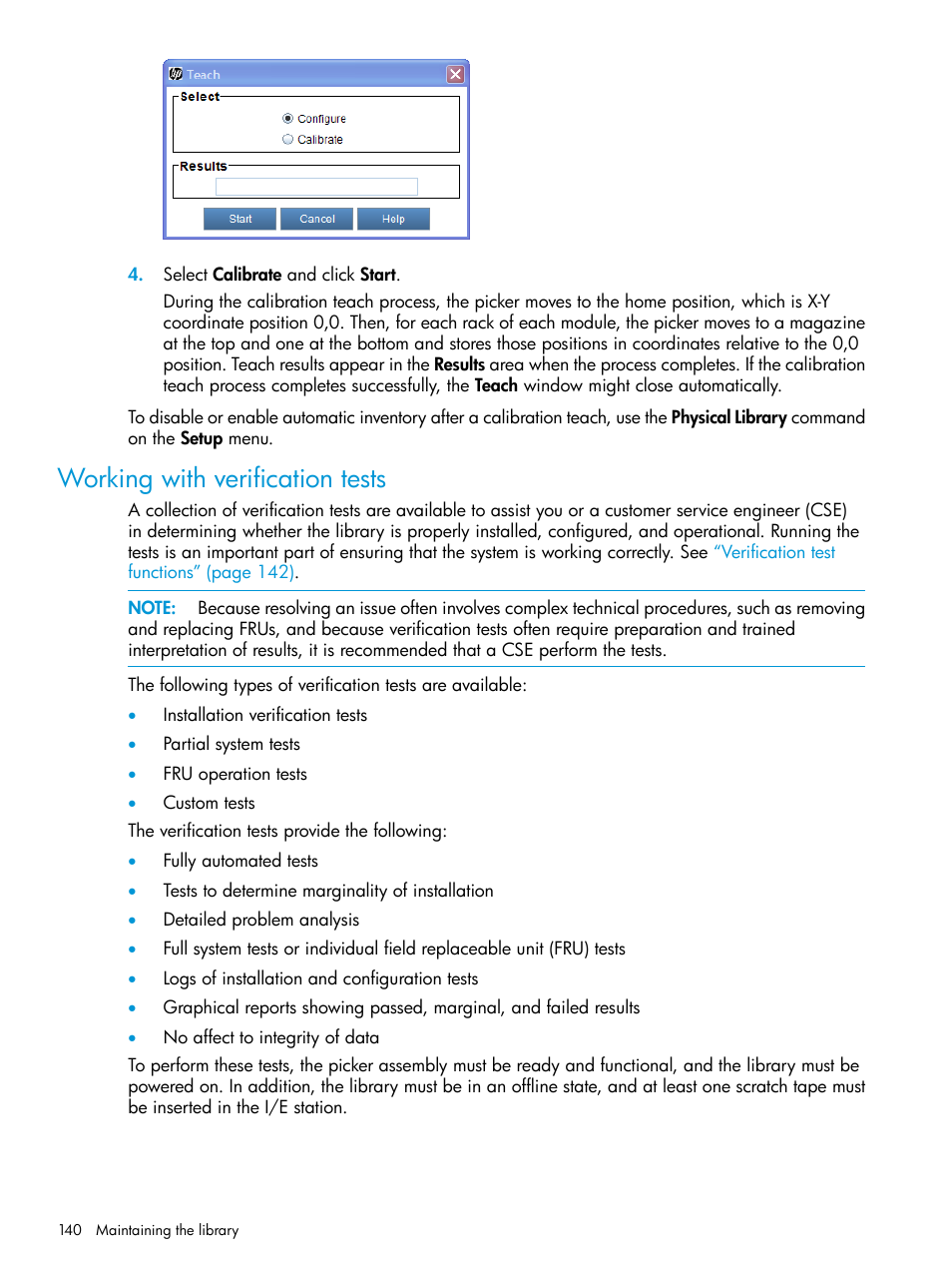 Working with verification tests | HP StoreEver ESL G3 Tape Libraries User Manual | Page 140 / 267
