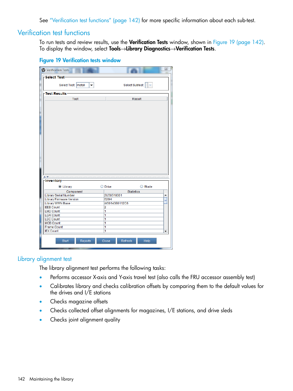 Verification test functions, Library alignment test | HP StoreEver ESL G3 Tape Libraries User Manual | Page 142 / 267
