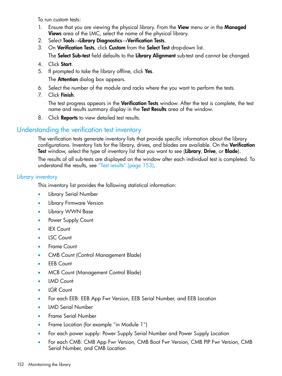 Understanding the verification test inventory, Library inventory | HP StoreEver ESL G3 Tape Libraries User Manual | Page 152 / 267