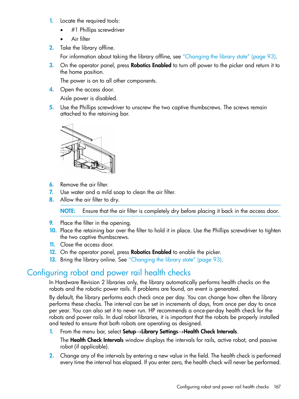 Configuring robot and power rail health checks | HP StoreEver ESL G3 Tape Libraries User Manual | Page 167 / 267