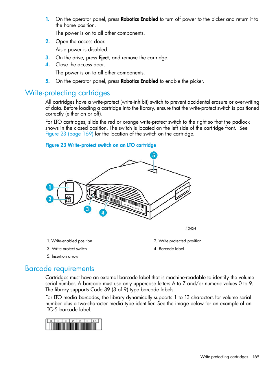 Write-protecting cartridges, Barcode requirements, Write-protecting cartridges barcode requirements | HP StoreEver ESL G3 Tape Libraries User Manual | Page 169 / 267