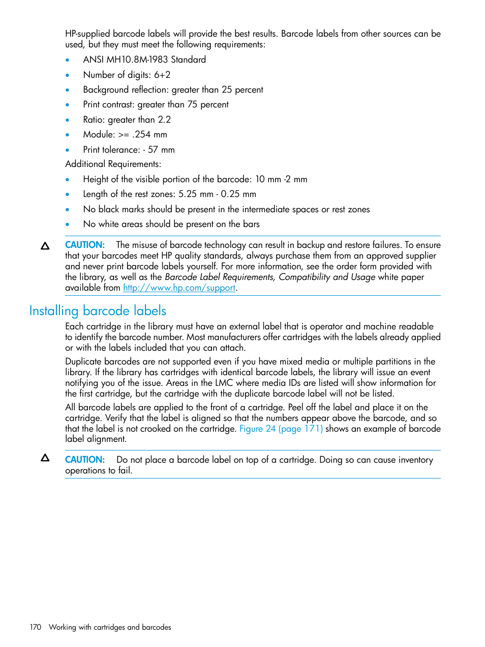 Installing barcode labels | HP StoreEver ESL G3 Tape Libraries User Manual | Page 170 / 267