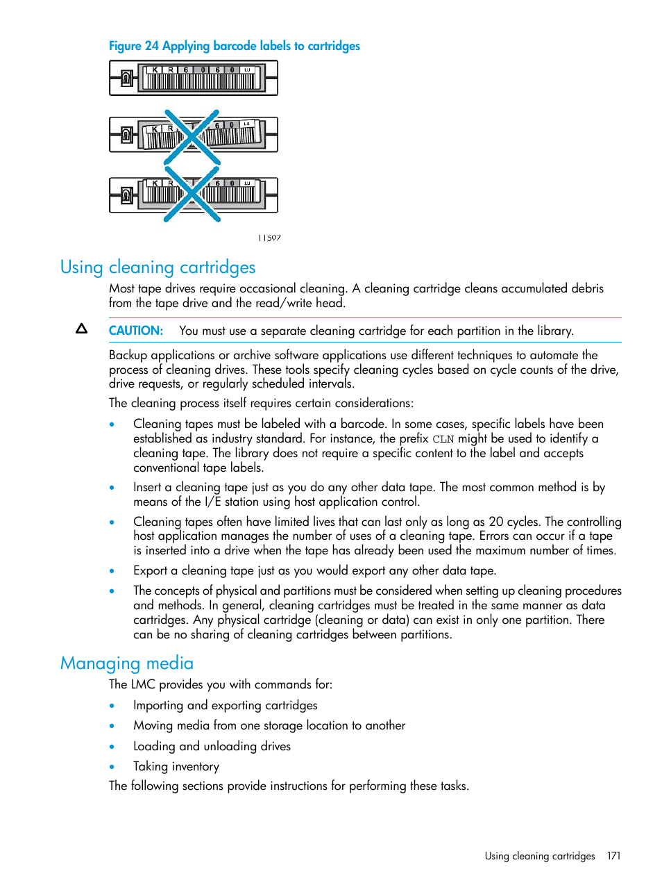 Using cleaning cartridges, Managing media, Using cleaning cartridges managing media | HP StoreEver ESL G3 Tape Libraries User Manual | Page 171 / 267