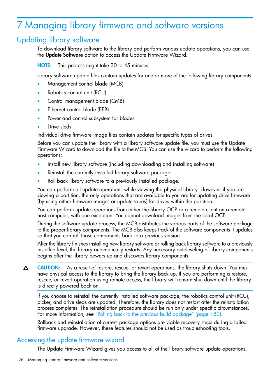 7 managing library firmware and software versions, Updating library software, Accessing the update firmware wizard | HP StoreEver ESL G3 Tape Libraries User Manual | Page 176 / 267