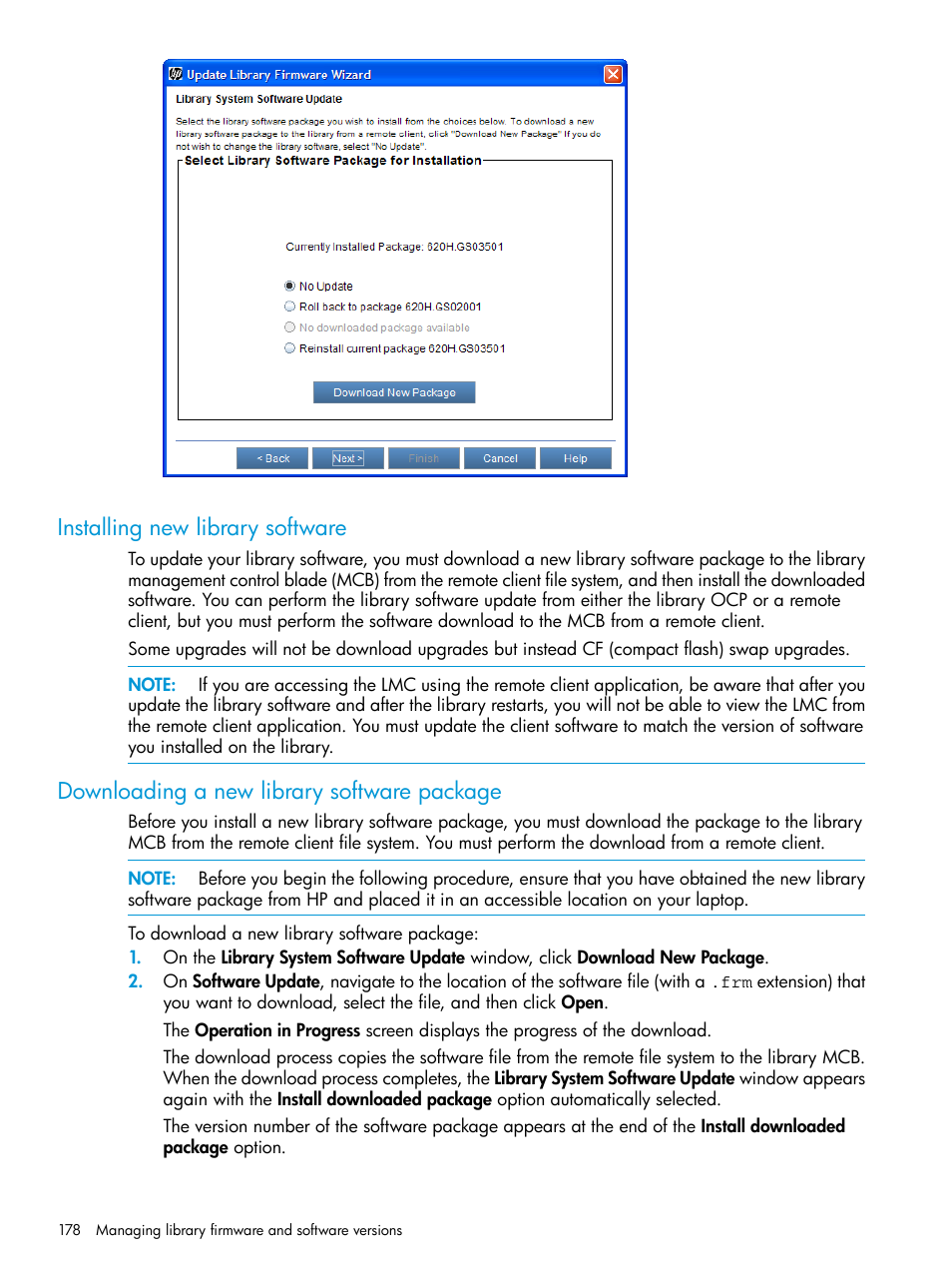 Installing new library software, Downloading a new library software package | HP StoreEver ESL G3 Tape Libraries User Manual | Page 178 / 267