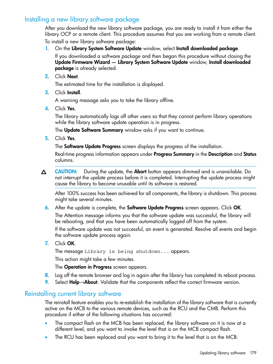 Installing a new library software package, Reinstalling current library software | HP StoreEver ESL G3 Tape Libraries User Manual | Page 179 / 267