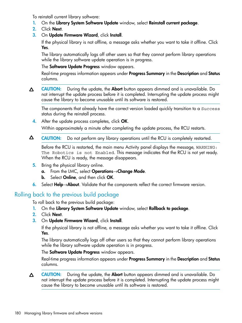 Rolling back to the previous build package | HP StoreEver ESL G3 Tape Libraries User Manual | Page 180 / 267