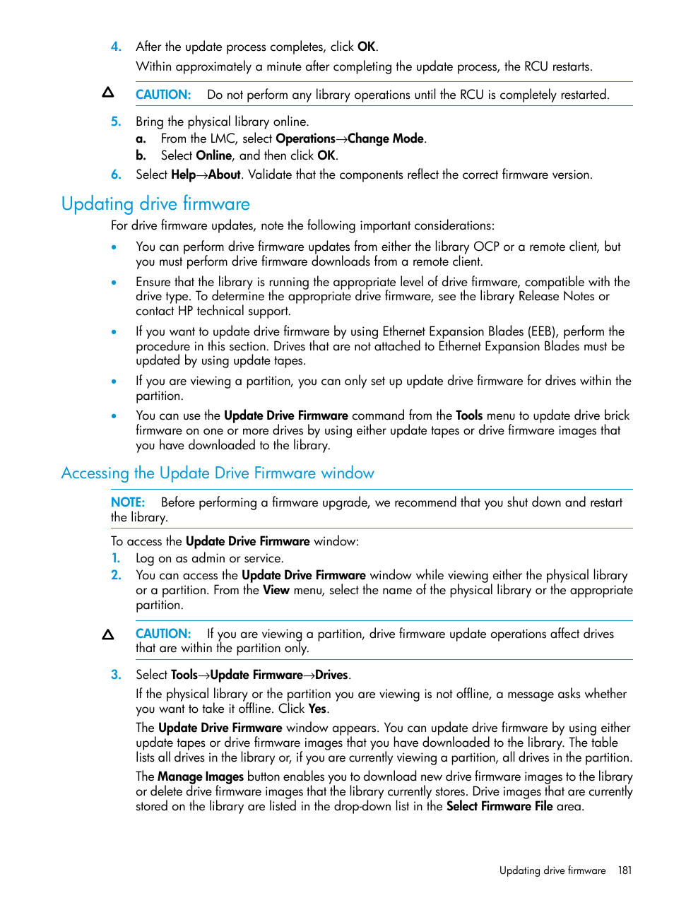 Updating drive firmware, Accessing the update drive firmware window | HP StoreEver ESL G3 Tape Libraries User Manual | Page 181 / 267