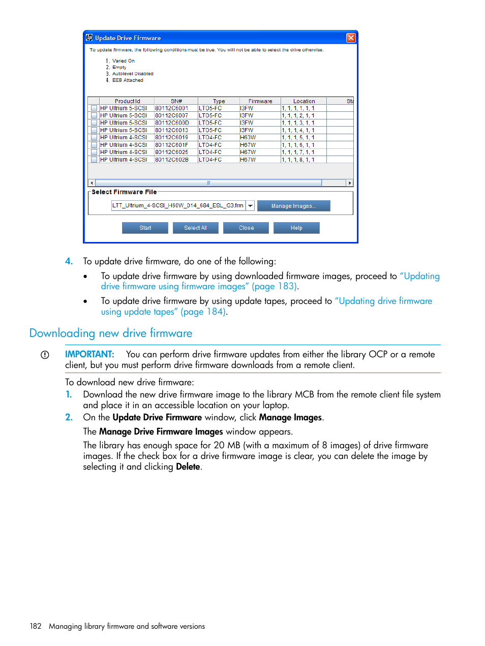 Downloading new drive firmware | HP StoreEver ESL G3 Tape Libraries User Manual | Page 182 / 267