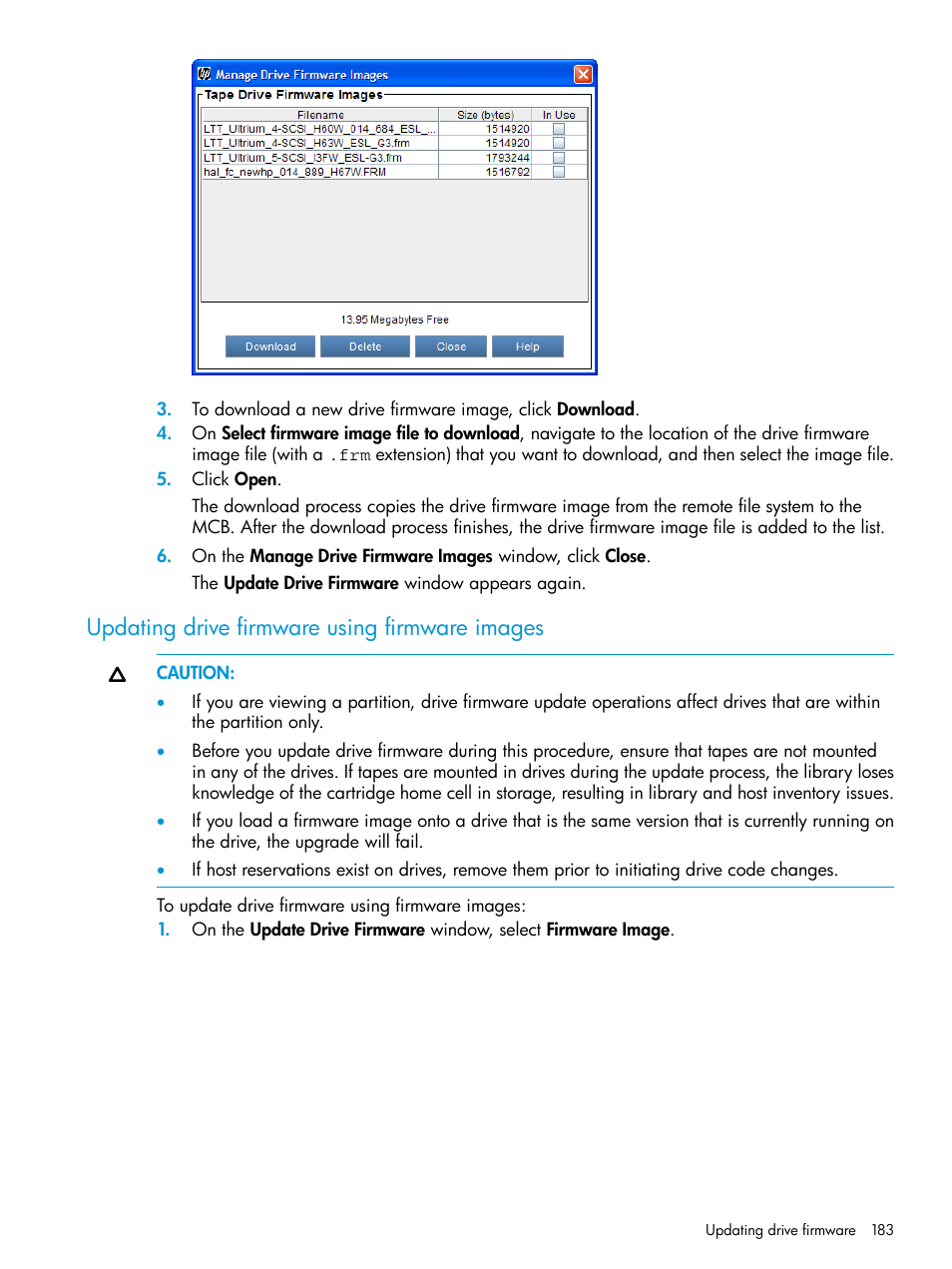 Updating drive firmware using firmware images, Updating | HP StoreEver ESL G3 Tape Libraries User Manual | Page 183 / 267