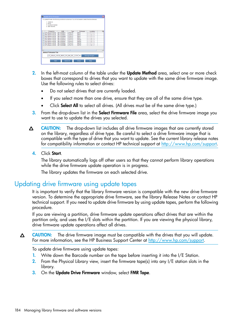 Updating drive firmware using update tapes, Updating drive firmware | HP StoreEver ESL G3 Tape Libraries User Manual | Page 184 / 267