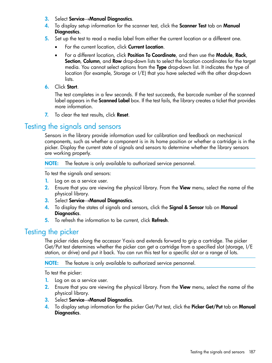 Testing the signals and sensors, Testing the picker, Testing the signals and sensors testing the picker | HP StoreEver ESL G3 Tape Libraries User Manual | Page 187 / 267