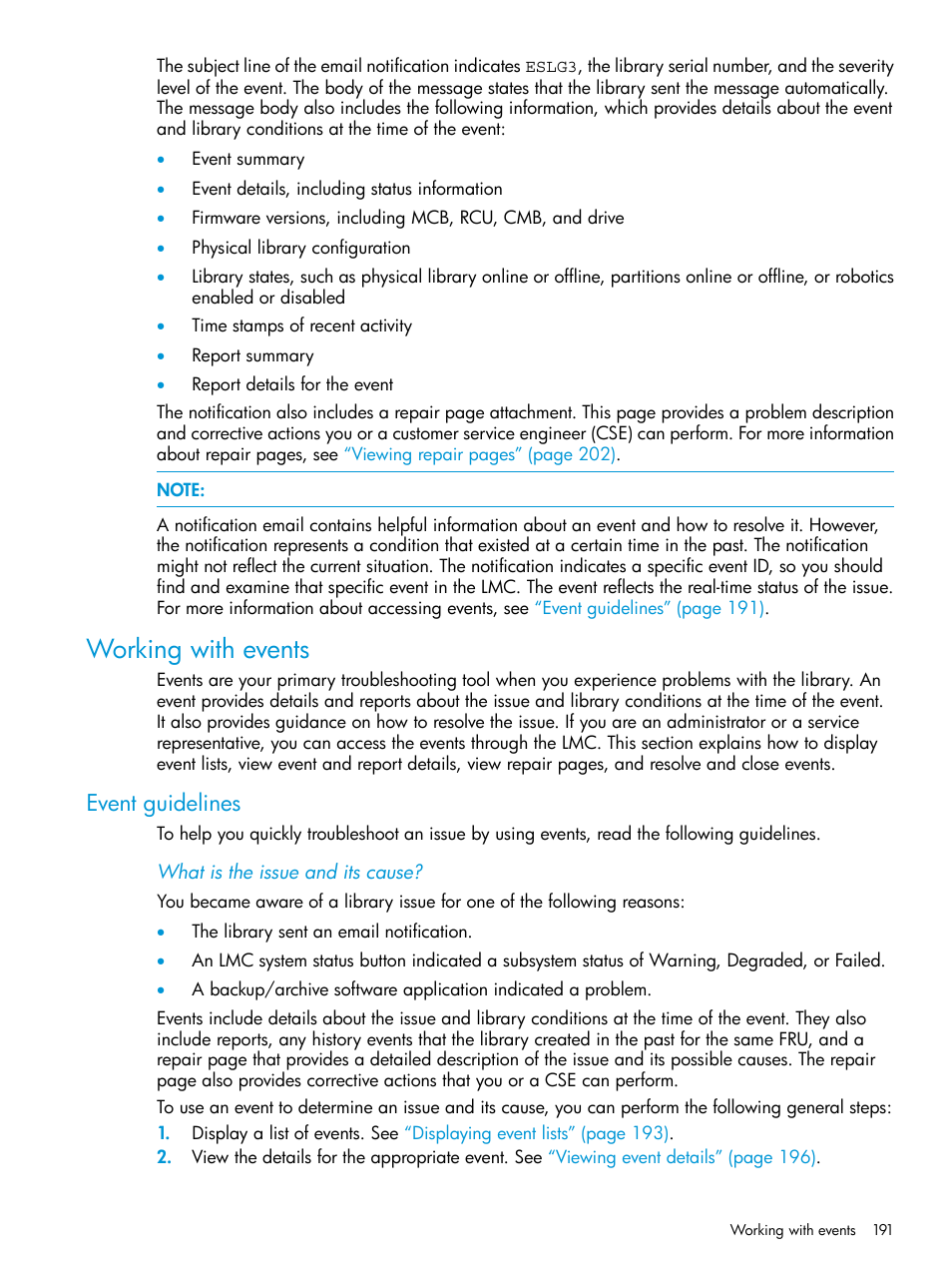 Working with events, Event guidelines | HP StoreEver ESL G3 Tape Libraries User Manual | Page 191 / 267