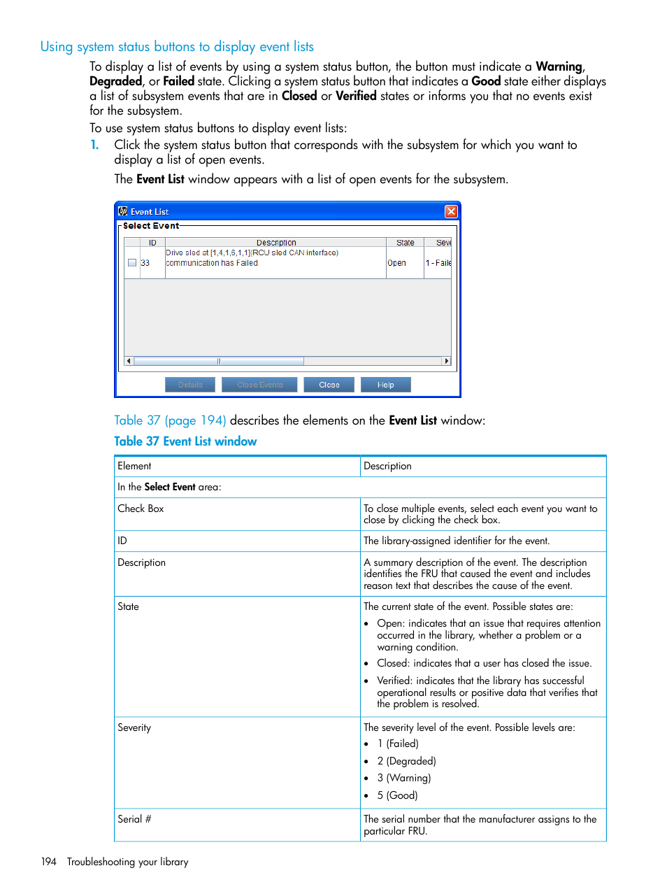 Using system status buttons to display event lists, Using system | HP StoreEver ESL G3 Tape Libraries User Manual | Page 194 / 267