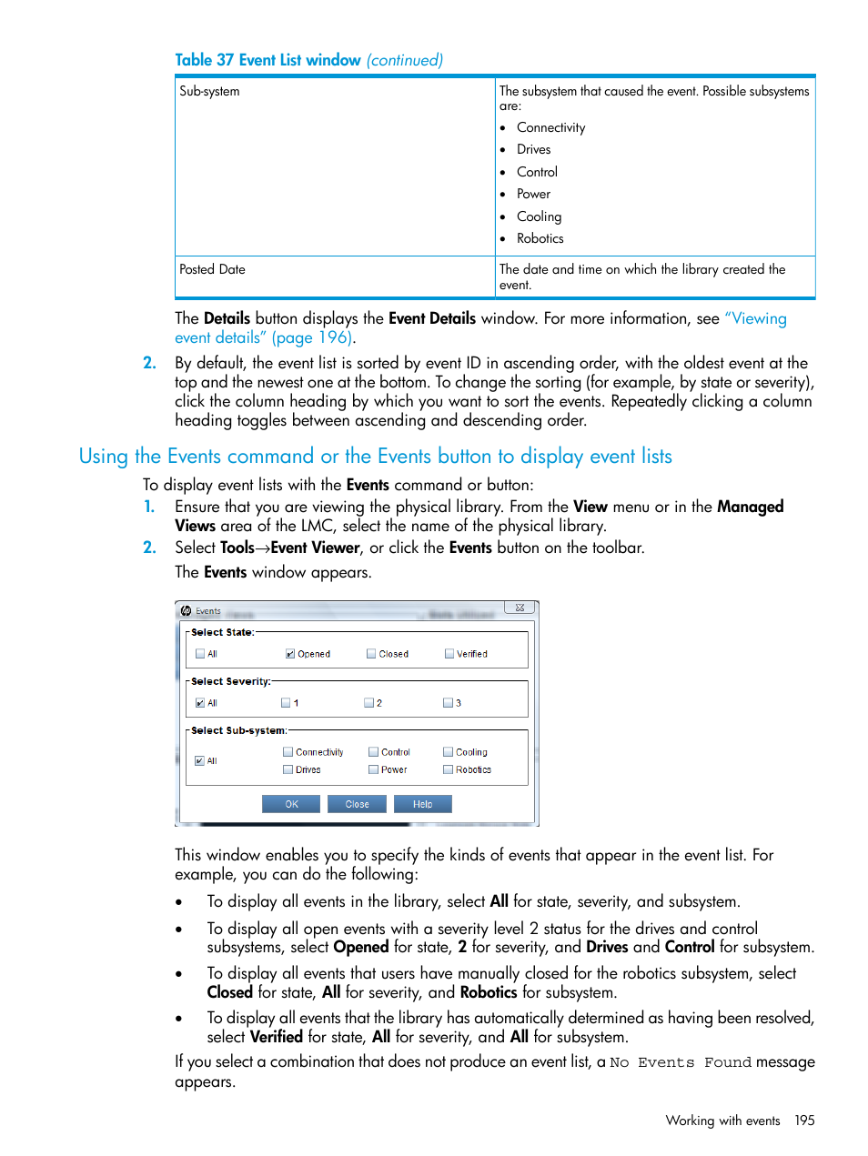 Using the events command or the | HP StoreEver ESL G3 Tape Libraries User Manual | Page 195 / 267