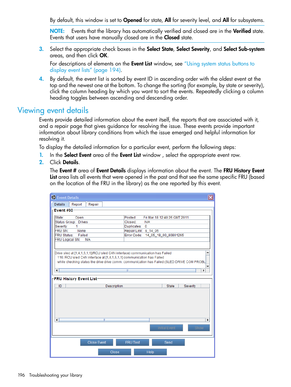 Viewing event details | HP StoreEver ESL G3 Tape Libraries User Manual | Page 196 / 267