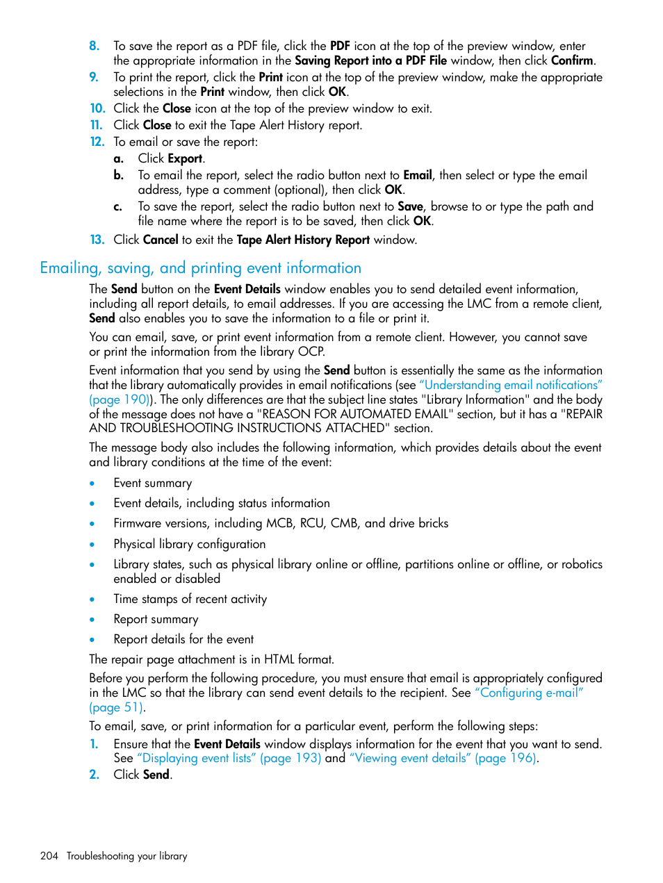 Emailing, saving, and printing event information | HP StoreEver ESL G3 Tape Libraries User Manual | Page 204 / 267
