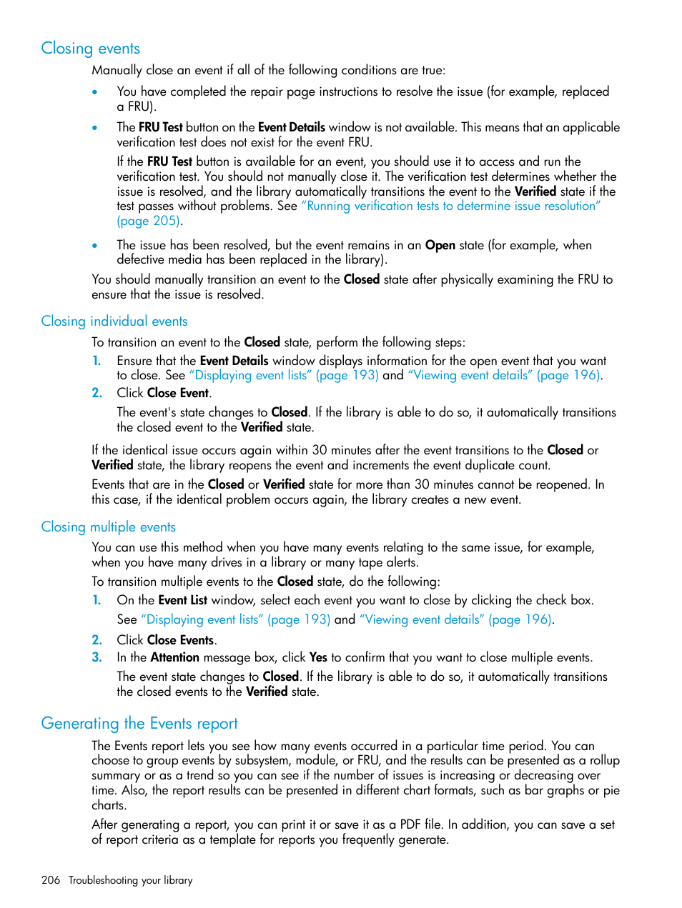 Closing events, Closing individual events, Closing multiple events | Generating the events report, Closing individual events closing multiple events | HP StoreEver ESL G3 Tape Libraries User Manual | Page 206 / 267