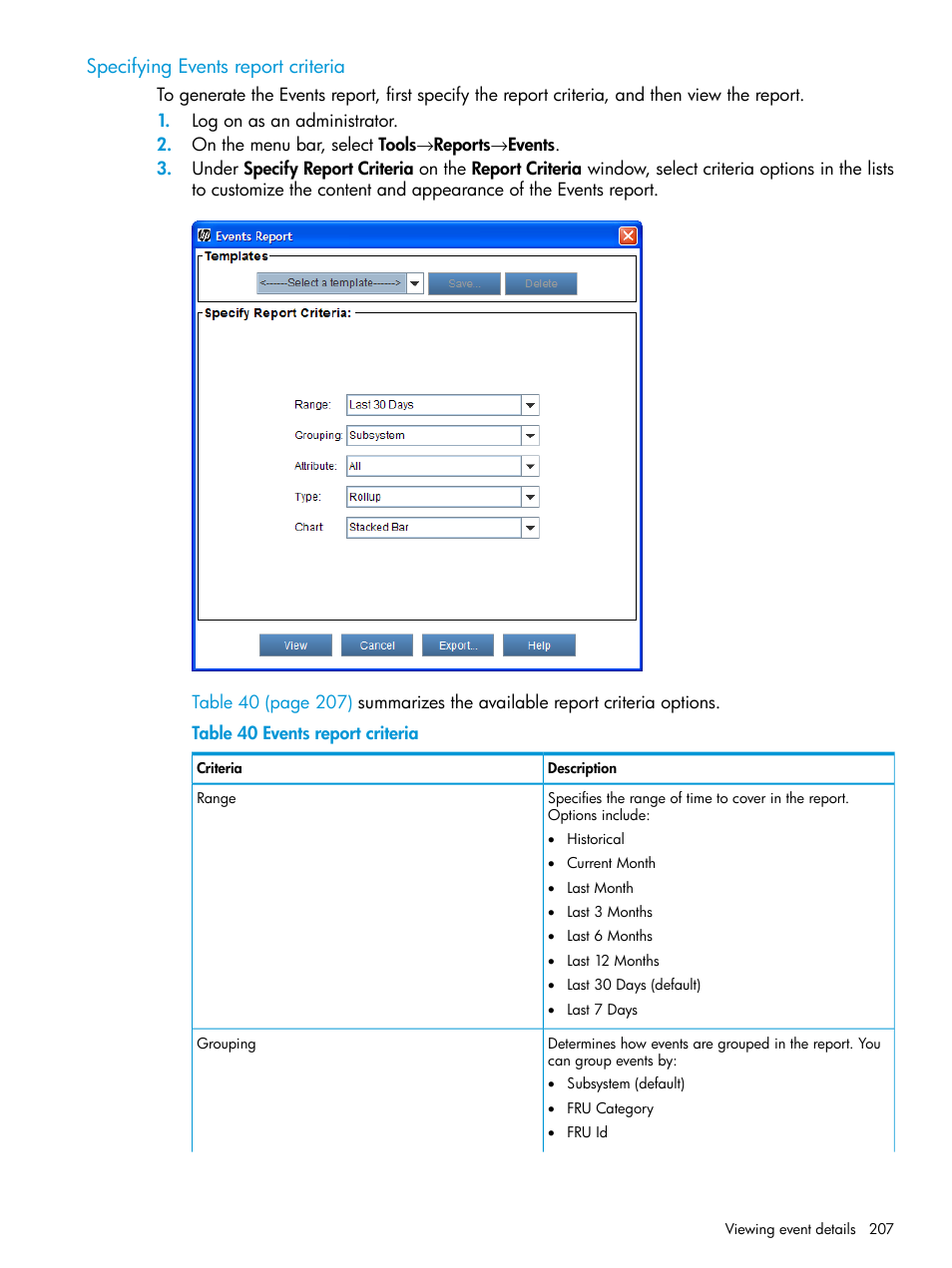 Specifying events report criteria | HP StoreEver ESL G3 Tape Libraries User Manual | Page 207 / 267