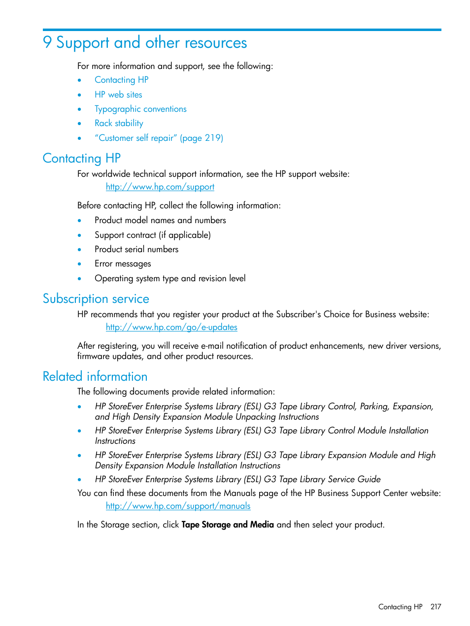 9 support and other resources, Contacting hp, Subscription service | Related information | HP StoreEver ESL G3 Tape Libraries User Manual | Page 217 / 267