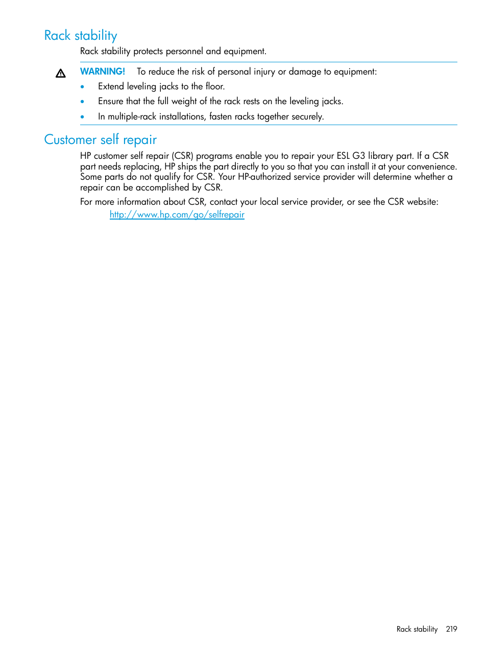Rack stability, Customer self repair, Rack stability customer self repair | HP StoreEver ESL G3 Tape Libraries User Manual | Page 219 / 267